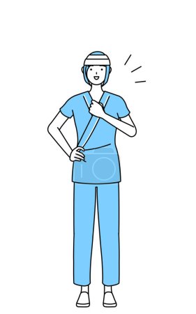 Illustration for Female inpatient wearing hospital gown and bandage on head tapping her chest, Vector Illustration - Royalty Free Image