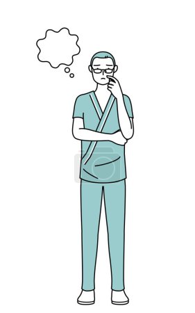 Illustration for Middle-aged and senior male admitted patient in hospital gown thinking while scratching his face, Vector Illustration - Royalty Free Image