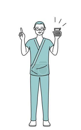 Illustration for Middle-aged and senior male admitted patient in hospital gown holding a calculator and pointing, Vector Illustration - Royalty Free Image