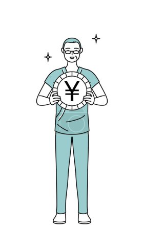 Téléchargez les illustrations : Homme d'âge moyen et senior admis patient en blouse d'hôpital une image des gains de change et de l'appréciation du yen, Illustration vectorielle - en licence libre de droit