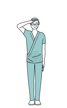 Illustration for Middle-aged and senior male admitted patient in hospital gown making a salute, Vector Illustration - Royalty Free Image