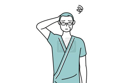 Illustration for Middle-aged and senior male admitted patient in hospital gown scratching his head in distress, Vector Illustration - Royalty Free Image