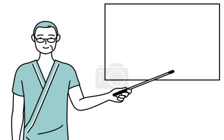 Illustration for Middle-aged and senior male admitted patient in hospital gown pointing at a whiteboard with an indicator stick, Vector Illustration - Royalty Free Image