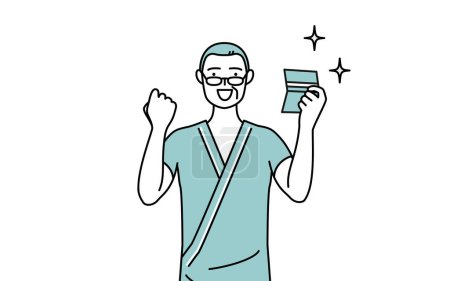Illustration for Middle-aged and senior male admitted patient in hospital gown who is pleased to see a bankbook, Vector Illustration - Royalty Free Image