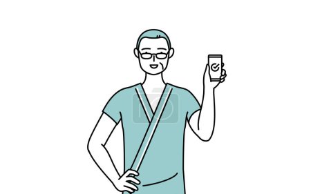 Illustration for Middle-aged and senior male admitted patient in hospital gown using a smartphone at work, Vector Illustration - Royalty Free Image