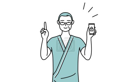 Illustration for Middle-aged and senior male admitted patient in hospital gown taking security measures for his phone, Vector Illustration - Royalty Free Image