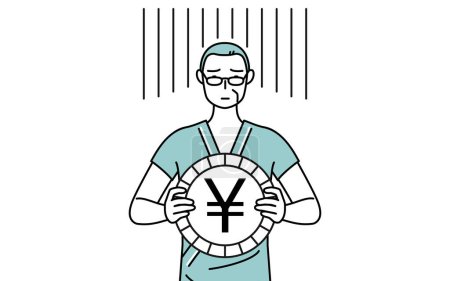 Illustration for Middle-aged and senior male admitted patient in hospital gown an image of exchange loss or yen depreciation, Vector Illustration - Royalty Free Image