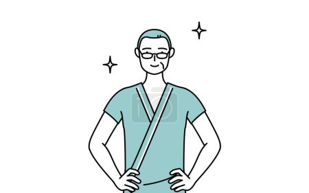 Illustration for Middle-aged and senior male admitted patient in hospital gown with his hands on his hips, Vector Illustration - Royalty Free Image
