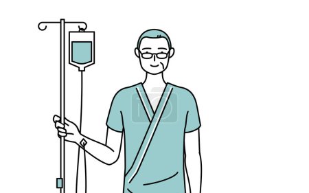 Illustration for Middle-aged and senior male admitted patient in hospital gown with in holding IV stand, Vector Illustration - Royalty Free Image