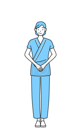 Middle-aged and senior female admitted patient in hospital gown bowing with folded hands, Vector Illustration