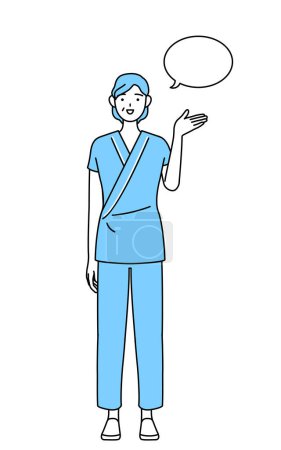 Illustration for Middle-aged and senior female admitted patient in hospital gown giving directions, with a wipeout, Vector Illustration - Royalty Free Image