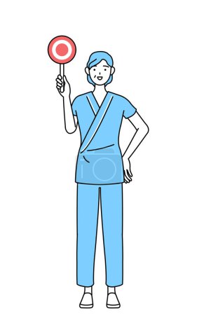 Illustration for Middle-aged and senior female admitted patient in hospital gown holding a maru placard that shows the correct answer, Vector Illustration - Royalty Free Image