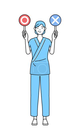 Illustration for Middle-aged and senior female admitted patient in hospital gown holding a placard indicating correct and incorrect answers, Vector Illustration - Royalty Free Image