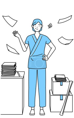 Illustration for Middle-aged and senior female admitted patient in hospital gown who is fed up with her unorganized business, Vector Illustration - Royalty Free Image