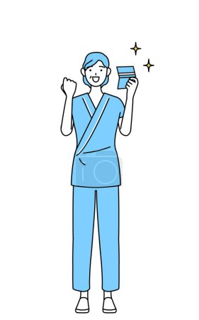 Illustration for Middle-aged and senior female admitted patient in hospital gown who is pleased to see a bankbook, Vector Illustration - Royalty Free Image