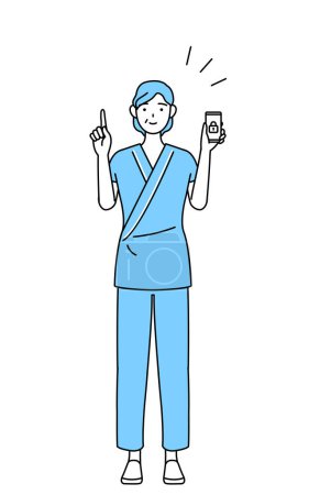 Ilustración de Mujer de mediana edad y mayor ingresada en bata de hospital tomando medidas de seguridad para su teléfono, Vector Illustration - Imagen libre de derechos