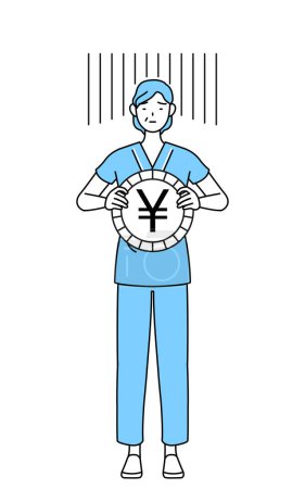 Illustration for Middle-aged and senior female admitted patient in hospital gown an image of exchange loss or yen depreciation, Vector Illustration - Royalty Free Image