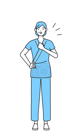 Illustration for Middle-aged and senior female admitted patient in hospital gown tapping her chest, Vector Illustration - Royalty Free Image