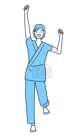 Illustration for Middle-aged and senior female admitted patient in hospital gown smiling and jumping, Vector Illustration - Royalty Free Image