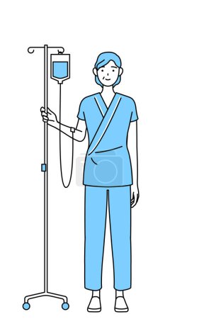 Illustration for Middle-aged and senior female admitted patient in hospital gown with in holding IV stand, Vector Illustration - Royalty Free Image