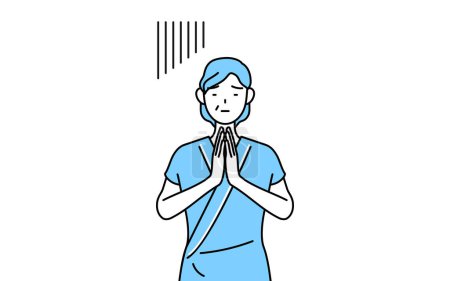 Illustration for Middle-aged and senior female admitted patient in hospital gown apologizing with her hands in front of her body, Vector Illustration - Royalty Free Image