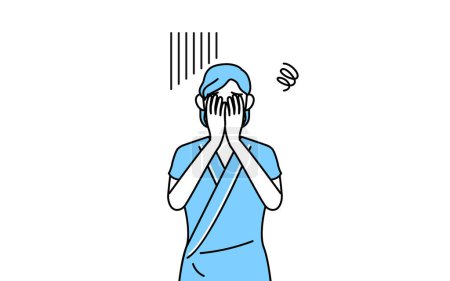 Illustration for Middle-aged and senior female admitted patient in hospital gown covering her face in depression, Vector Illustration - Royalty Free Image