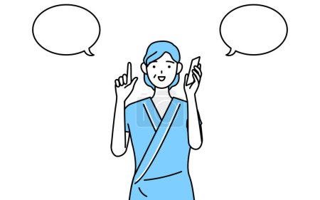Illustration for Middle-aged and senior female admitted patient in hospital gown pointing while on the phone, Vector Illustration - Royalty Free Image
