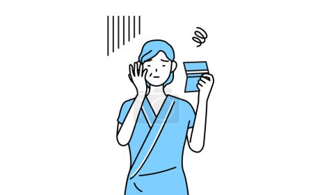 Illustration for Middle-aged and senior female admitted patient in hospital gown looking at her bankbook and feeling depressed, Vector Illustration - Royalty Free Image