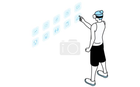 Téléchargez les illustrations : Hommes touchant l'icône du menu dans les airs, application VR fitness, portant des lunettes VR, illustration vectorielle - en licence libre de droit