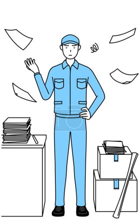 Illustration for Man in hat and work clothes who is fed up with his unorganized business, Vector Illustration - Royalty Free Image