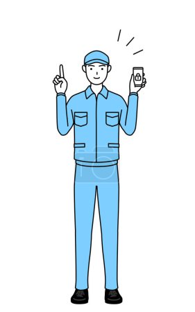 Illustration for Man in hat and work clothes taking security measures for his phone, Vector Illustration - Royalty Free Image