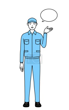Téléchargez les illustrations : Homme en chapeau et vêtements de travail donnant des directions, avec un wipeout, Illustration vectorielle - en licence libre de droit