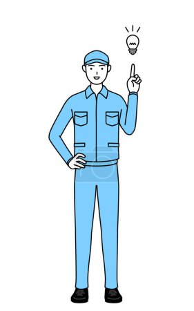 Téléchargez les illustrations : Homme en chapeau et vêtements de travail à venir avec une idée, Illustration vectorielle - en licence libre de droit