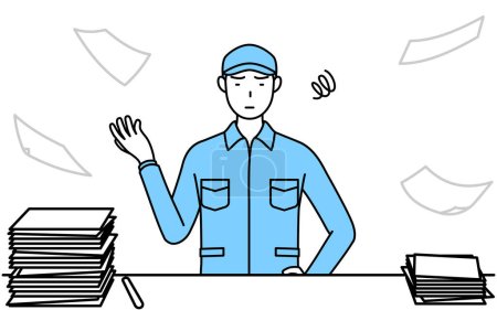 Illustration for Man in hat and work clothes who is fed up with his unorganized business, Vector Illustration - Royalty Free Image