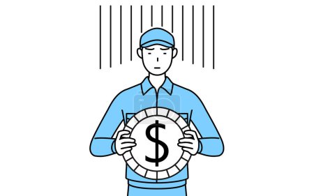 Téléchargez les illustrations : Homme en chapeau et vêtements de travail une image de perte de change ou de dépréciation du dollar, Illustration vectorielle - en licence libre de droit