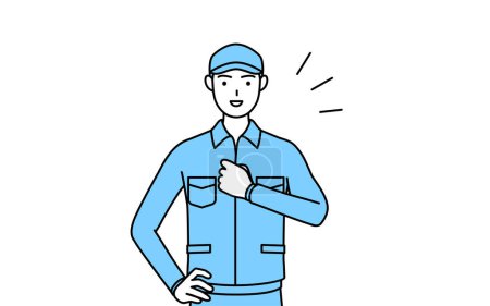 Ilustración de Hombre con sombrero y ropa de trabajo tocando su pecho, Vector Illustration - Imagen libre de derechos