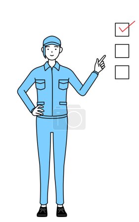 Téléchargez les illustrations : Femme en chapeau et vêtements de travail pointant vers une liste de contrôle, Illustration vectorielle - en licence libre de droit