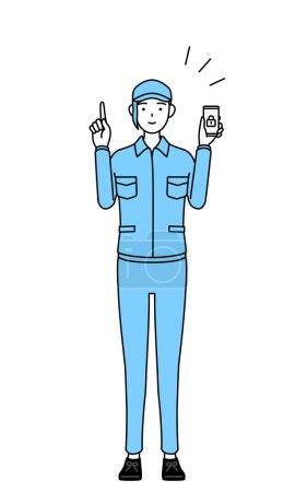 Téléchargez les illustrations : Femme en chapeau et vêtements de travail prenant des mesures de sécurité pour son téléphone, Illustration vectorielle - en licence libre de droit