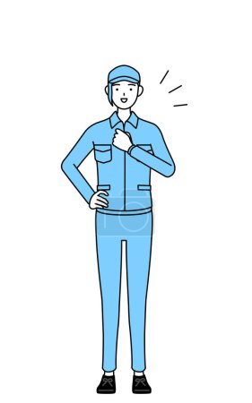 Illustration for Woman in hat and work clothes tapping her chest, Vector Illustration - Royalty Free Image