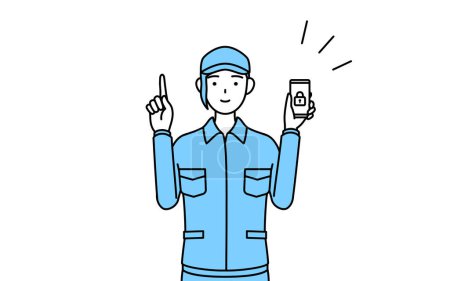 Illustration for Woman in hat and work clothes taking security measures for her phone, Vector Illustration - Royalty Free Image
