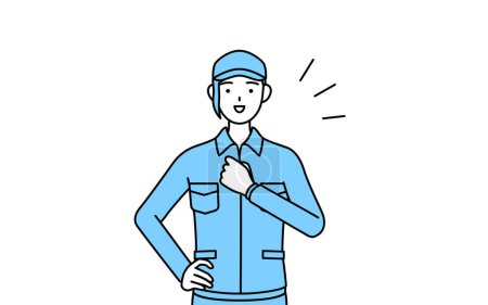 Illustration for Woman in hat and work clothes tapping her chest, Vector Illustration - Royalty Free Image