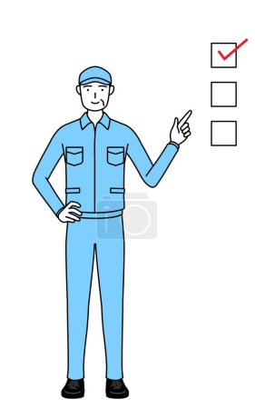 Téléchargez les illustrations : Homme âgé en chapeau et vêtements de travail pointant vers une liste de contrôle, Illustration vectorielle - en licence libre de droit
