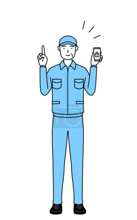 Illustration for Senior man in hat and work clothes taking security measures for his phone, Vector Illustration - Royalty Free Image