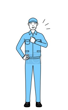 Illustration for Senior man in hat and work clothes tapping his chest, Vector Illustration - Royalty Free Image