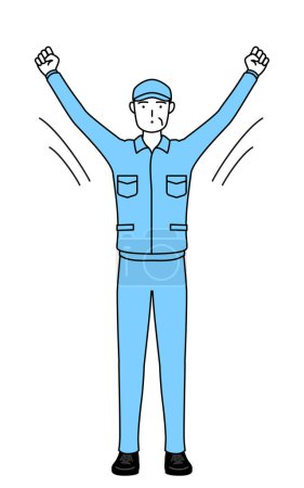 Ilustración de Hombre mayor con sombrero y ropa de trabajo haciendo calistenia de radio, preparación para la prevención de accidentes, ilustración vectorial - Imagen libre de derechos