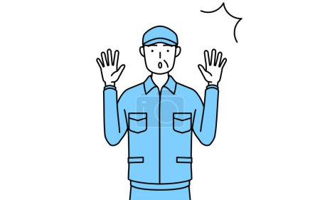 Téléchargez les illustrations : Homme âgé en chapeau et vêtements de travail levant la main dans la surprise, Illustration vectorielle - en licence libre de droit