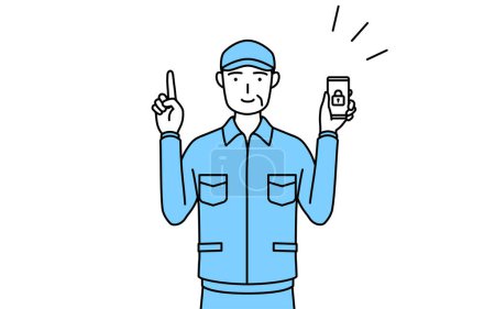 Ilustración de Hombre mayor con sombrero y ropa de trabajo tomando medidas de seguridad para su teléfono, Vector Illustration - Imagen libre de derechos