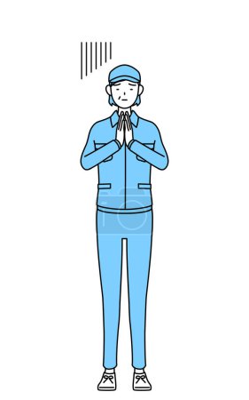 Illustration for Senior woman in hat and work clothes apologizing with her hands in front of her body, Vector Illustration - Royalty Free Image
