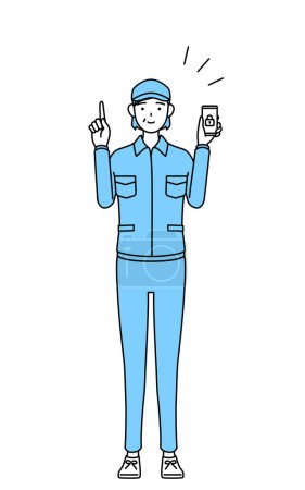 Ilustración de Mujer mayor con sombrero y ropa de trabajo tomando medidas de seguridad para su teléfono, Vector Illustration - Imagen libre de derechos