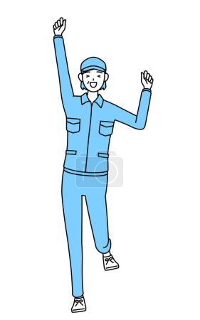Téléchargez les illustrations : Femme âgée en chapeau et vêtements de travail souriant et sautant, Illustration vectorielle - en licence libre de droit